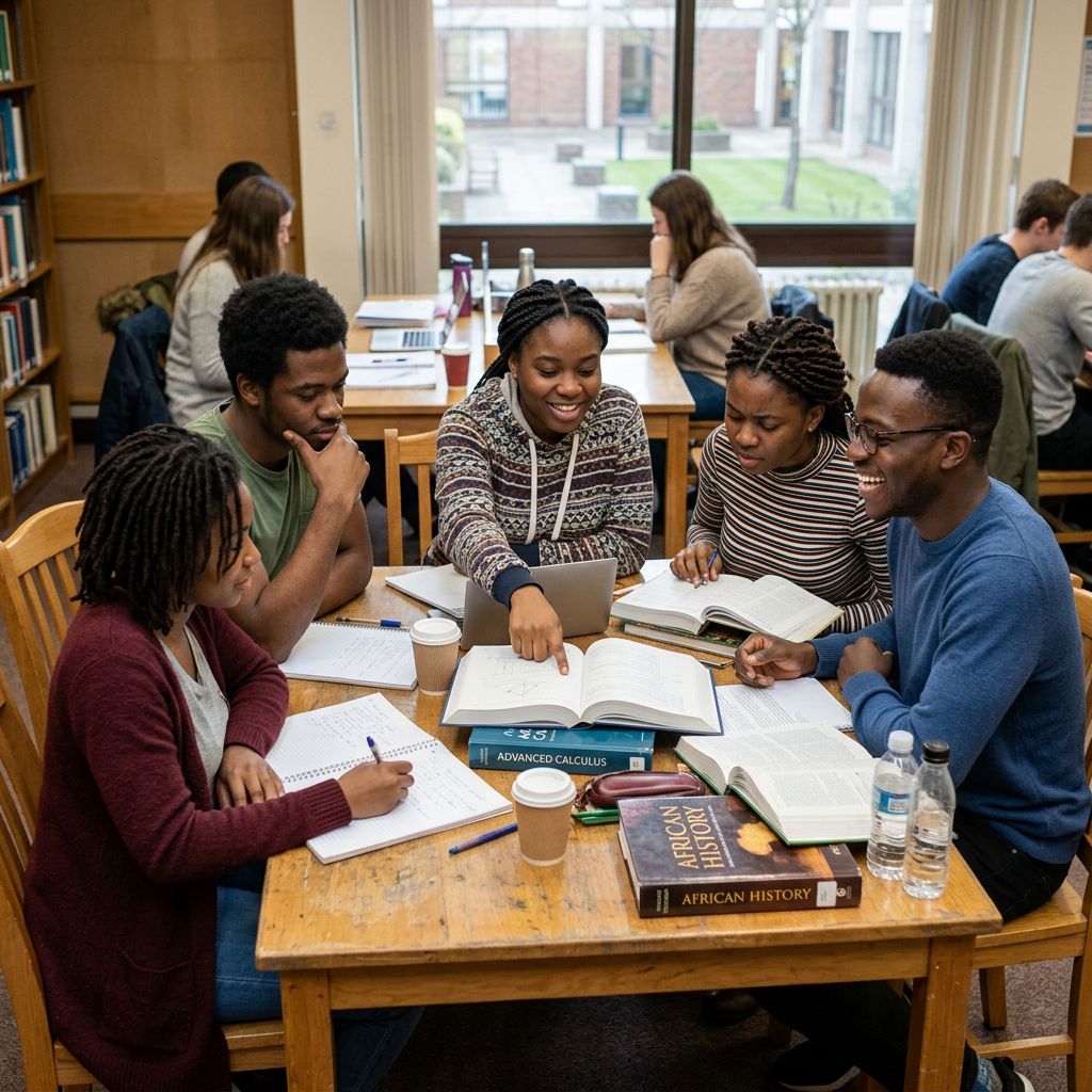 Students collaborating around a library table